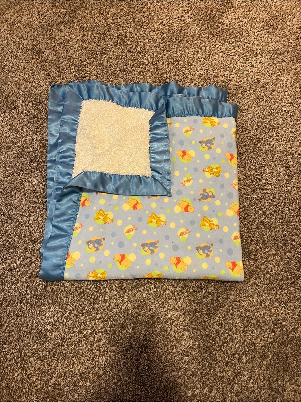 Vintage handmade Winnie the Pooh Blue Satin-Trim Baby Security Blanket Lovey